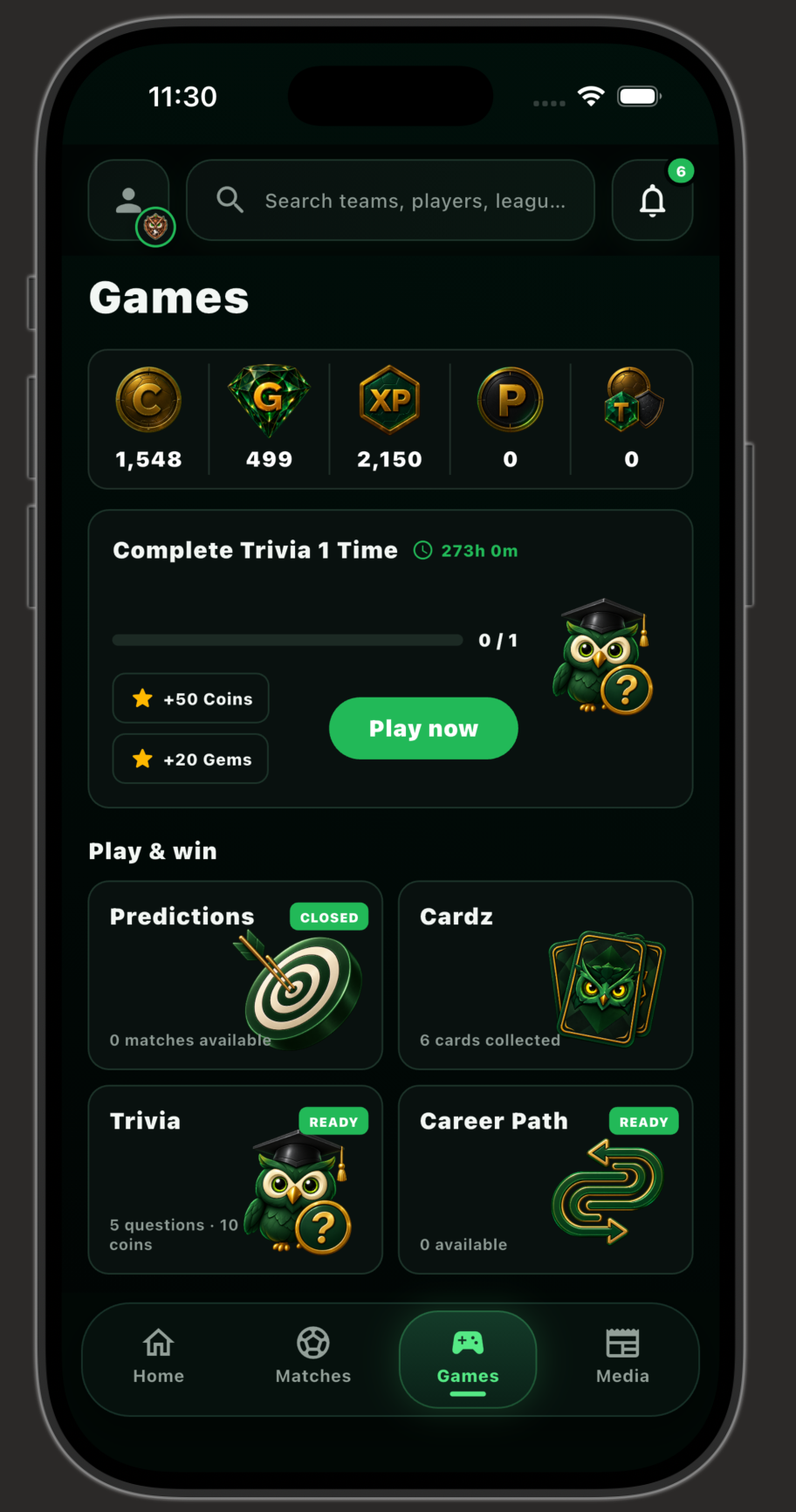 BallWhizz Games tab showing rewards, challenges and football games